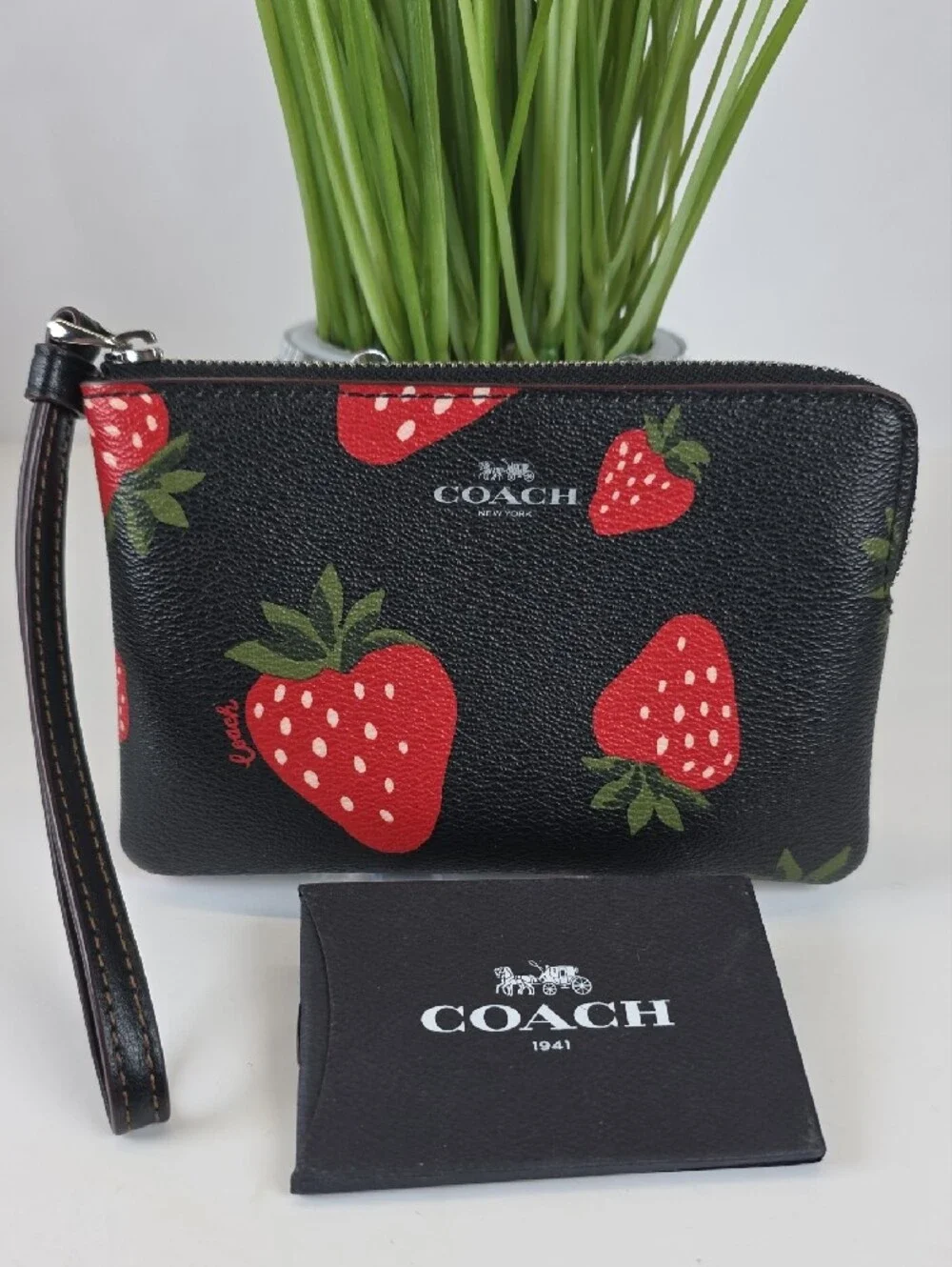 Coach Strawberey Black Leather Wristlet Clutch Bag